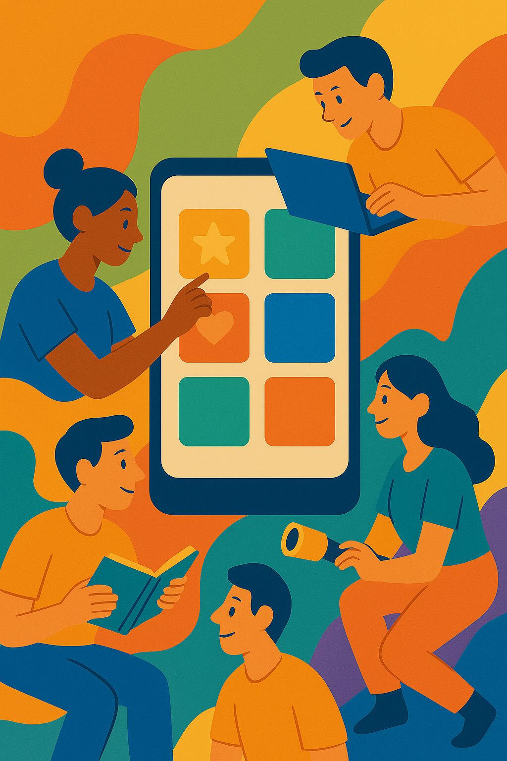 Interesso App Key Features Colorful illustration of the Interesso app key features screen with a user tapping icons, set against a vibrant community graphic highlighting group connections.
